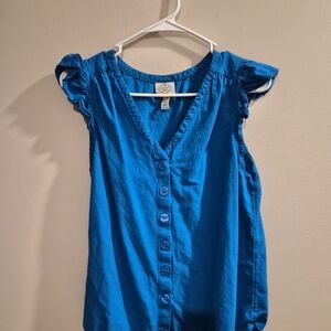St. John's Bay Bright Blue Ruffle Cap-Sleeve Button Front Top
